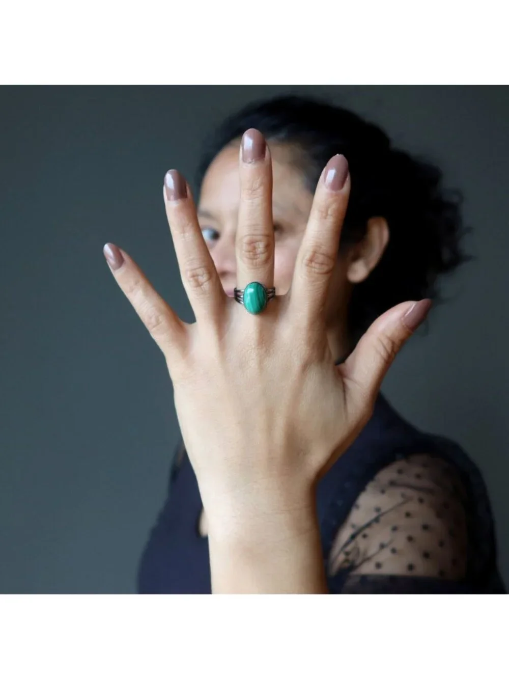 Malachite Ring Tough Gunmetal Adjustable Size 4 to 10 Green Gemstone Boho Jewelr